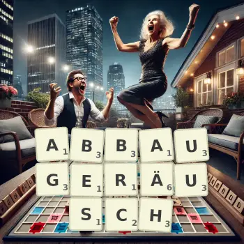 Kreative Illustration für ein Scrabble-Spiel, bei dem das Wort ABBAUGERÄUSCH mit Steinen auf dem Brett gelegt wurde.