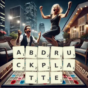 Kreative Illustration für ein Scrabble-Spiel, bei dem das Wort ABDRUCKPLATTE mit Steinen auf dem Brett gelegt wurde.