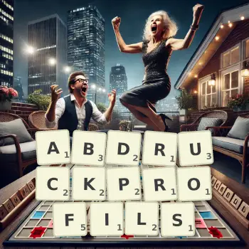 Kreative Illustration für ein Scrabble-Spiel, bei dem das Wort ABDRUCKPROFILS mit Steinen auf dem Brett gelegt wurde.