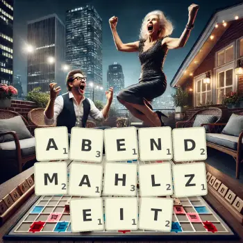 Kreative Illustration für ein Scrabble-Spiel, bei dem das Wort ABENDMAHLZEIT mit Steinen auf dem Brett gelegt wurde.