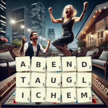 Kreative Illustration für ein Scrabble-Spiel, bei dem das Wort ABENDTAUGLICHEM mit Steinen auf dem Brett gelegt wurde.