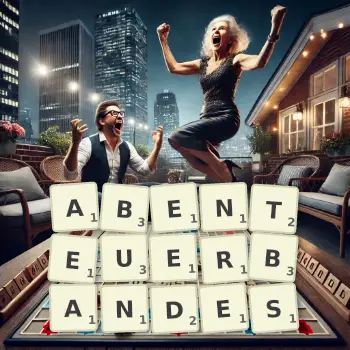 Kreative Illustration für ein Scrabble-Spiel, bei dem das Wort ABENTEUERBANDES mit Steinen auf dem Brett gelegt wurde.