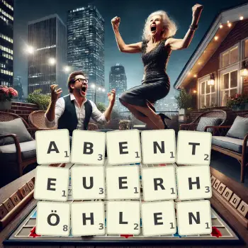 Kreative Illustration für ein Scrabble-Spiel, bei dem das Wort ABENTEUERHÖHLEN mit Steinen auf dem Brett gelegt wurde.