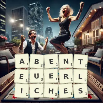 Kreative Illustration für ein Scrabble-Spiel, bei dem das Wort ABENTEUERLICHES mit Steinen auf dem Brett gelegt wurde.