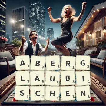 Kreative Illustration für ein Scrabble-Spiel, bei dem das Wort ABERGLÄUBISCHEN mit Steinen auf dem Brett gelegt wurde.