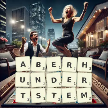 Kreative Illustration für ein Scrabble-Spiel, bei dem das Wort ABERHUNDERTSTEM mit Steinen auf dem Brett gelegt wurde.