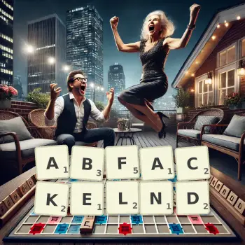 Kreative Illustration für ein Scrabble-Spiel, bei dem das Wort ABFACKELND mit Steinen auf dem Brett gelegt wurde.