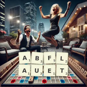 Kreative Illustration für ein Scrabble-Spiel, bei dem das Wort ABFLAUET mit Steinen auf dem Brett gelegt wurde.