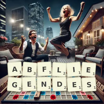 Kreative Illustration für ein Scrabble-Spiel, bei dem das Wort ABFLIEGENDES mit Steinen auf dem Brett gelegt wurde.