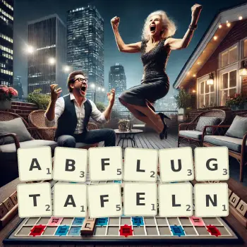 Kreative Illustration für ein Scrabble-Spiel, bei dem das Wort ABFLUGTAFELN mit Steinen auf dem Brett gelegt wurde.