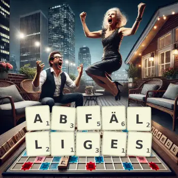Kreative Illustration für ein Scrabble-Spiel, bei dem das Wort ABFÄLLIGES mit Steinen auf dem Brett gelegt wurde.