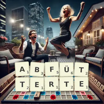 Kreative Illustration für ein Scrabble-Spiel, bei dem das Wort ABFÜTTERTE mit Steinen auf dem Brett gelegt wurde.
