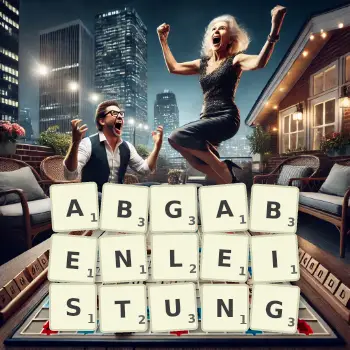 Kreative Illustration für ein Scrabble-Spiel, bei dem das Wort ABGABENLEISTUNG mit Steinen auf dem Brett gelegt wurde.