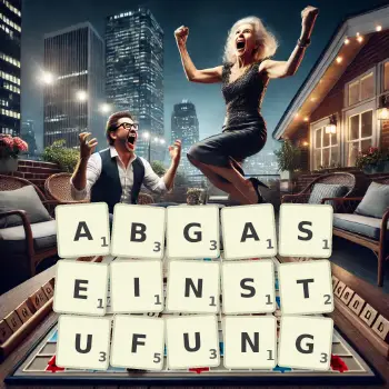 Kreative Illustration für ein Scrabble-Spiel, bei dem das Wort ABGASEINSTUFUNG mit Steinen auf dem Brett gelegt wurde.