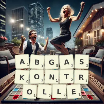 Kreative Illustration für ein Scrabble-Spiel, bei dem das Wort ABGASKONTROLLE mit Steinen auf dem Brett gelegt wurde.