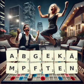 Kreative Illustration für ein Scrabble-Spiel, bei dem das Wort ABGEKÄMPFTEN mit Steinen auf dem Brett gelegt wurde.