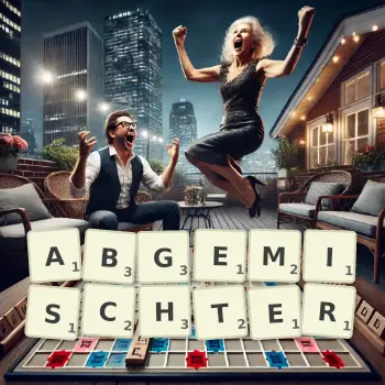 Kreative Illustration für ein Scrabble-Spiel, bei dem das Wort ABGEMISCHTER mit Steinen auf dem Brett gelegt wurde.