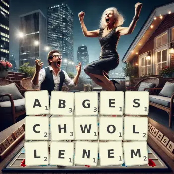 Kreative Illustration für ein Scrabble-Spiel, bei dem das Wort ABGESCHWOLLENEM mit Steinen auf dem Brett gelegt wurde.