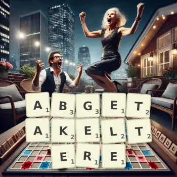 Kreative Illustration für ein Scrabble-Spiel, bei dem das Wort ABGETAKELTERE mit Steinen auf dem Brett gelegt wurde.