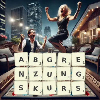 Kreative Illustration für ein Scrabble-Spiel, bei dem das Wort ABGRENZUNGSKURS mit Steinen auf dem Brett gelegt wurde.