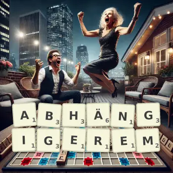Kreative Illustration für ein Scrabble-Spiel, bei dem das Wort ABHÄNGIGEREM mit Steinen auf dem Brett gelegt wurde.