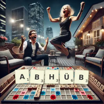 Kreative Illustration für ein Scrabble-Spiel, bei dem das Wort ABHÜB mit Steinen auf dem Brett gelegt wurde.