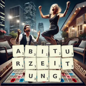Kreative Illustration für ein Scrabble-Spiel, bei dem das Wort ABITURZEITUNG mit Steinen auf dem Brett gelegt wurde.