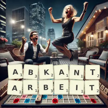 Kreative Illustration für ein Scrabble-Spiel, bei dem das Wort ABKANTARBEIT mit Steinen auf dem Brett gelegt wurde.