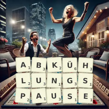 Kreative Illustration für ein Scrabble-Spiel, bei dem das Wort ABKÜHLUNGSPAUSE mit Steinen auf dem Brett gelegt wurde.