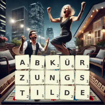 Kreative Illustration für ein Scrabble-Spiel, bei dem das Wort ABKÜRZUNGSTILDE mit Steinen auf dem Brett gelegt wurde.
