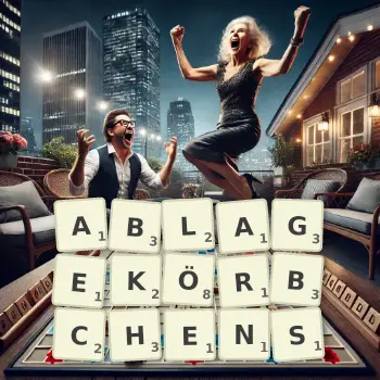 Kreative Illustration für ein Scrabble-Spiel, bei dem das Wort ABLAGEKÖRBCHENS mit Steinen auf dem Brett gelegt wurde.