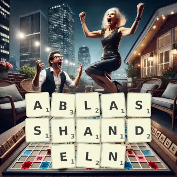 Kreative Illustration für ein Scrabble-Spiel, bei dem das Wort ABLASSHANDELN mit Steinen auf dem Brett gelegt wurde.