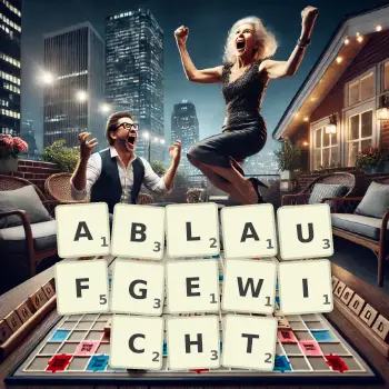 Kreative Illustration für ein Scrabble-Spiel, bei dem das Wort ABLAUFGEWICHT mit Steinen auf dem Brett gelegt wurde.