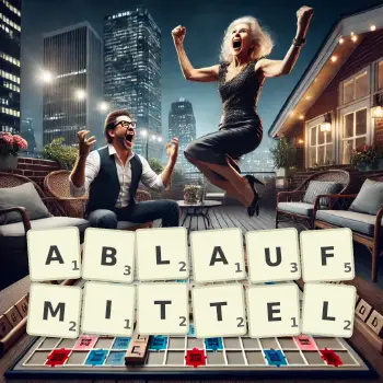 Kreative Illustration für ein Scrabble-Spiel, bei dem das Wort ABLAUFMITTEL mit Steinen auf dem Brett gelegt wurde.