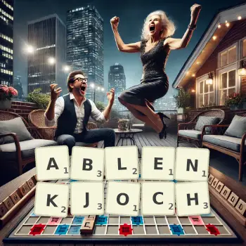 Kreative Illustration für ein Scrabble-Spiel, bei dem das Wort ABLENKJOCH mit Steinen auf dem Brett gelegt wurde.