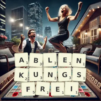 Kreative Illustration für ein Scrabble-Spiel, bei dem das Wort ABLENKUNGSFREI mit Steinen auf dem Brett gelegt wurde.