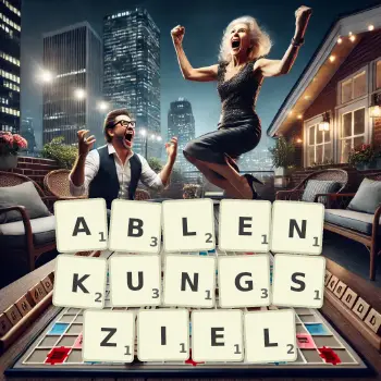 Kreative Illustration für ein Scrabble-Spiel, bei dem das Wort ABLENKUNGSZIEL mit Steinen auf dem Brett gelegt wurde.
