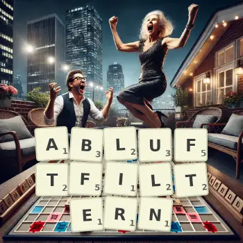 Kreative Illustration für ein Scrabble-Spiel, bei dem das Wort ABLUFTFILTERN mit Steinen auf dem Brett gelegt wurde.