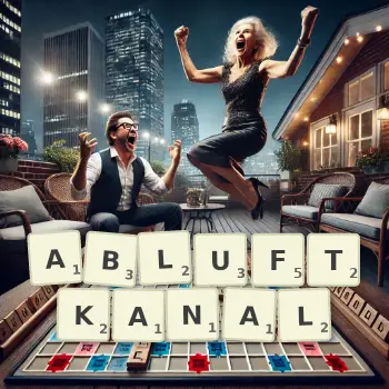 Kreative Illustration für ein Scrabble-Spiel, bei dem das Wort ABLUFTKANAL mit Steinen auf dem Brett gelegt wurde.