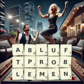 Kreative Illustration für ein Scrabble-Spiel, bei dem das Wort ABLUFTPROBLEMEN mit Steinen auf dem Brett gelegt wurde.