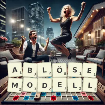 Kreative Illustration für ein Scrabble-Spiel, bei dem das Wort ABLÖSEMODELL mit Steinen auf dem Brett gelegt wurde.
