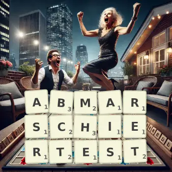 Kreative Illustration für ein Scrabble-Spiel, bei dem das Wort ABMARSCHIERTEST mit Steinen auf dem Brett gelegt wurde.