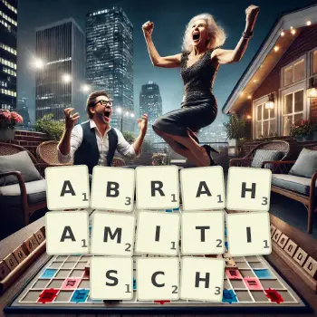 Kreative Illustration für ein Scrabble-Spiel, bei dem das Wort ABRAHAMITISCH mit Steinen auf dem Brett gelegt wurde.