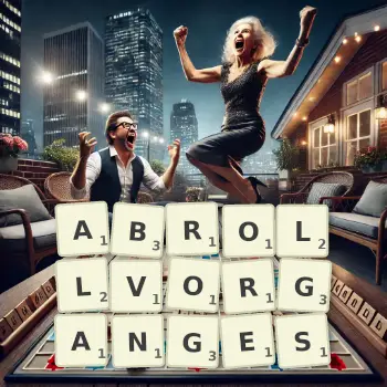 Kreative Illustration für ein Scrabble-Spiel, bei dem das Wort ABROLLVORGANGES mit Steinen auf dem Brett gelegt wurde.