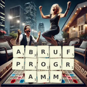 Kreative Illustration für ein Scrabble-Spiel, bei dem das Wort ABRUFPROGRAMM mit Steinen auf dem Brett gelegt wurde.