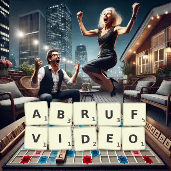 Kreative Illustration für ein Scrabble-Spiel, bei dem das Wort ABRUFVIDEO mit Steinen auf dem Brett gelegt wurde.