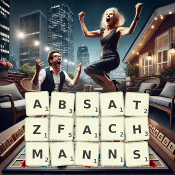 Kreative Illustration für ein Scrabble-Spiel, bei dem das Wort ABSATZFACHMANNS mit Steinen auf dem Brett gelegt wurde.