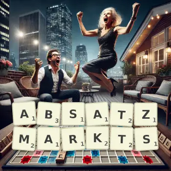 Kreative Illustration für ein Scrabble-Spiel, bei dem das Wort ABSATZMARKTS mit Steinen auf dem Brett gelegt wurde.
