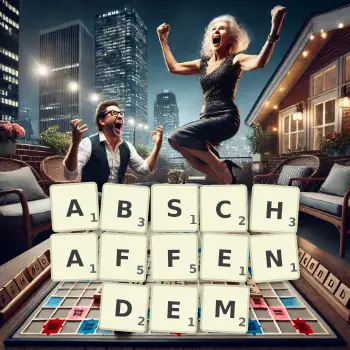 Kreative Illustration für ein Scrabble-Spiel, bei dem das Wort ABSCHAFFENDEM mit Steinen auf dem Brett gelegt wurde.