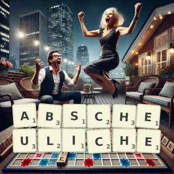 Kreative Illustration für ein Scrabble-Spiel, bei dem das Wort ABSCHEULICHE mit Steinen auf dem Brett gelegt wurde.